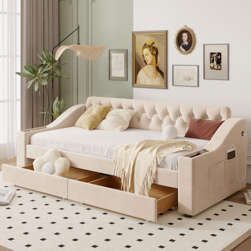 Beige Velvet Tufted Daybed with Storage and Scalloped Arms