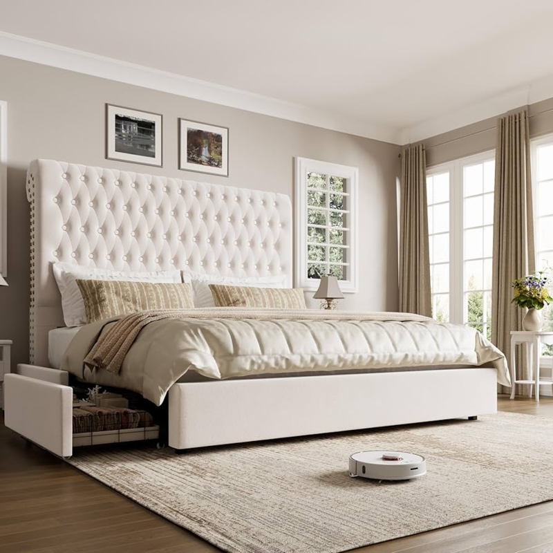 Beige Velvet Upholstered Storage Bed with Extra Tall Tufted Headboard