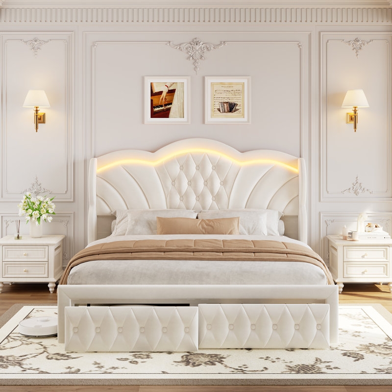 Beige Wingback Bed with LED Headboard and Footboard Storage
