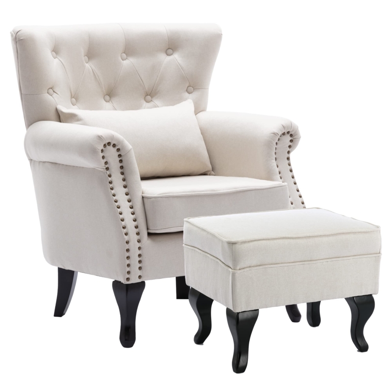 Beige Wingback Chair with Ottoman Diamond Button Tufted Linen Look
