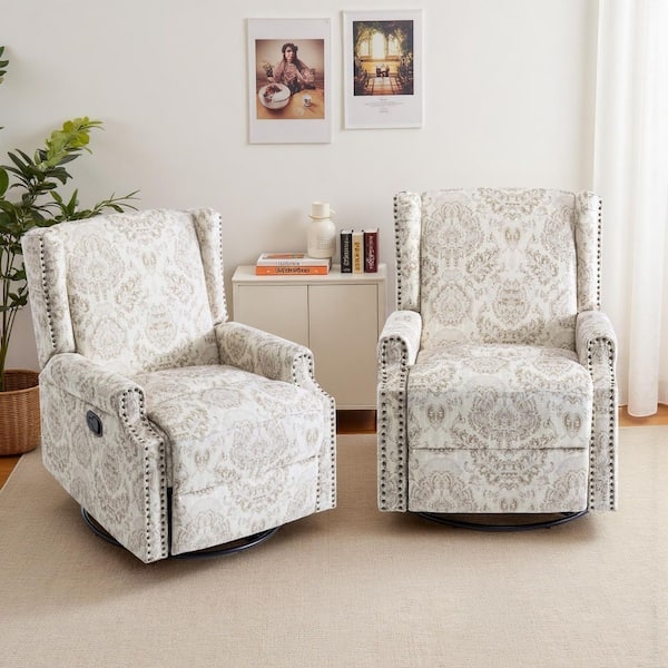 Beige Wingback Recliner Set Damask Print Upholstery Chair Swivel