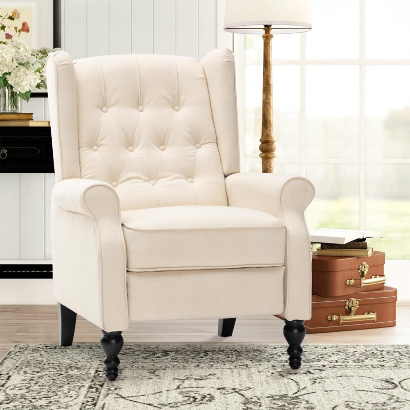 Beige Wingback Recliner with Diamond Tufting and Black Turned Legs