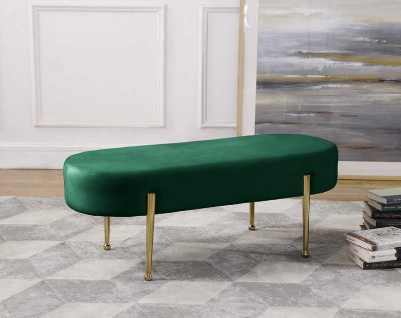 Bench Gold Ball Feet Emerald Green Velvet Pill Shape Silhouette