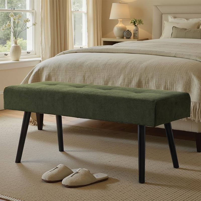 Bench Green Upholstered Ribbed Corduroy Tapered Legs Mid Century Modern