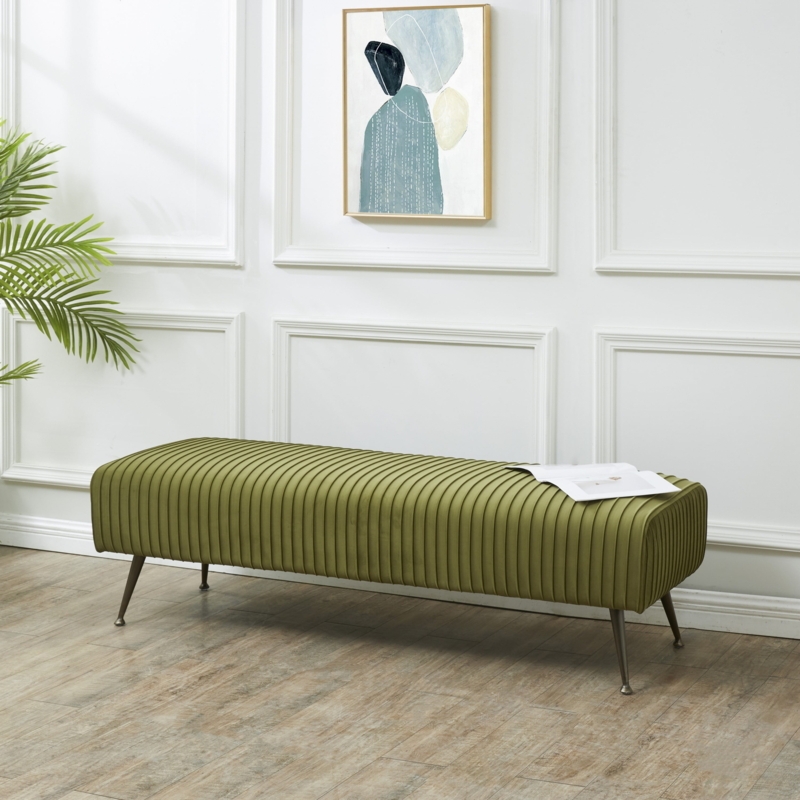 Bench with Antique Brass Legs & Vertical Ribbed Upholstery