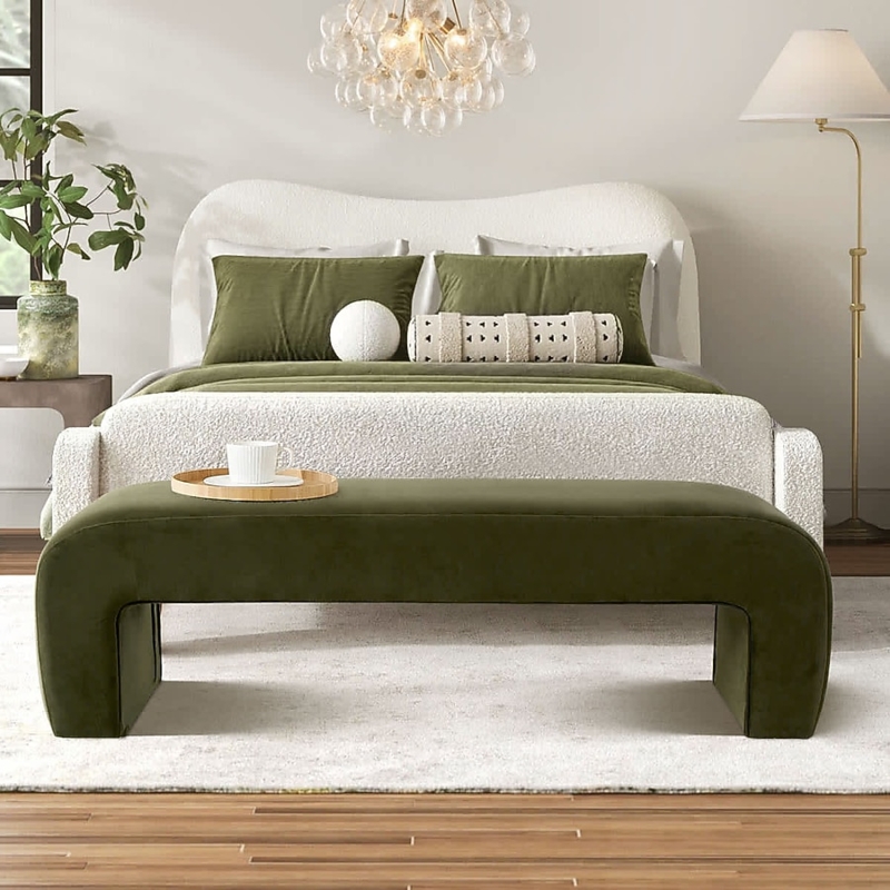 Bench with Continuous Curve Silhouette in Olive Green Velvet
