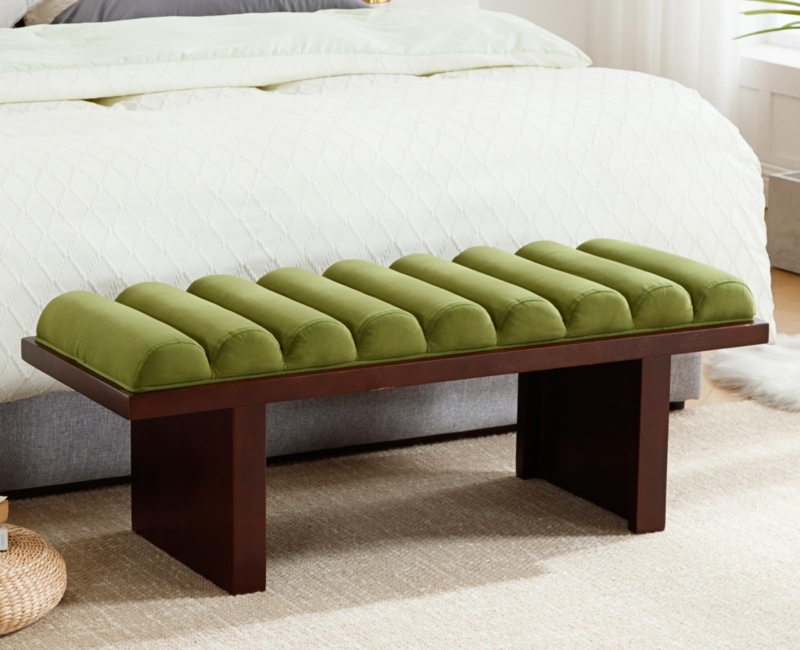 Bench with Cylindrical Cushions, Olive Green & Dark Wood Base