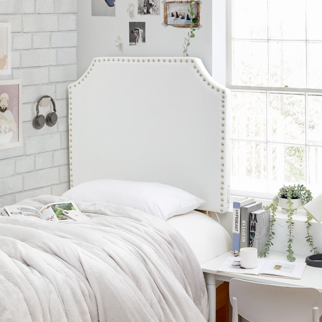 Beveled Headboard Upholstered Silver Nailhead Trim Plush