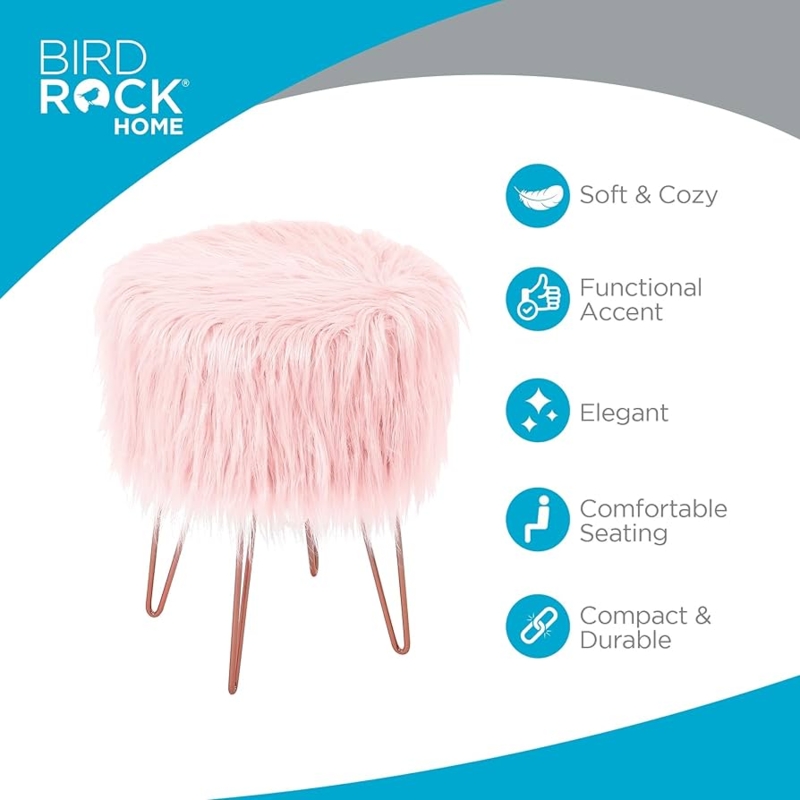 BIRDROCK HOME Pink Faux Fur Vanity Stool Chair - Soft Furry Compact Padded  Seat - Vanity, Living Room, Bedroom and Kids Room Chairs - Hair Pin Metal  Legs Upholstered Decorative Furniture Foot Rest : Home & Kitchen - 