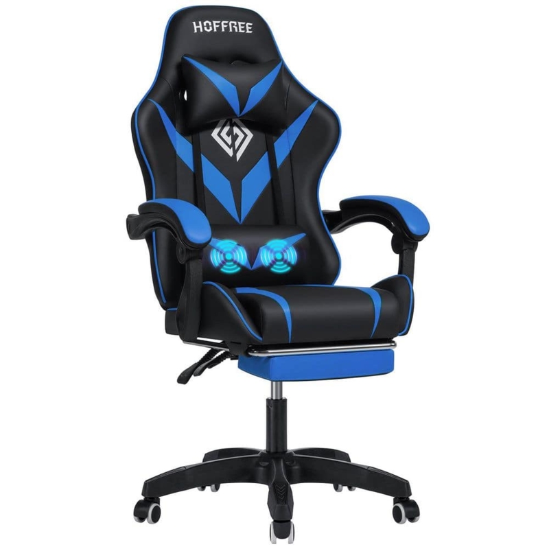 Black and Blue Gaming Chair with Retractable Footrest