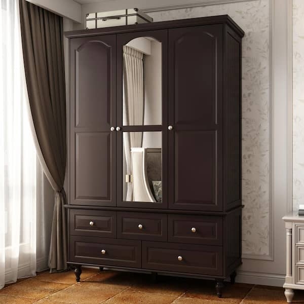 Black Armoire Arched Mirror Bun Feet Traditional 3 Door Cabinet