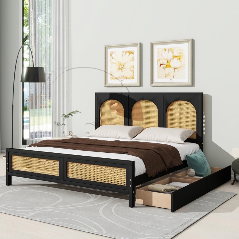 Black Bed Frame with Arched Cane Panels and Storage Drawers