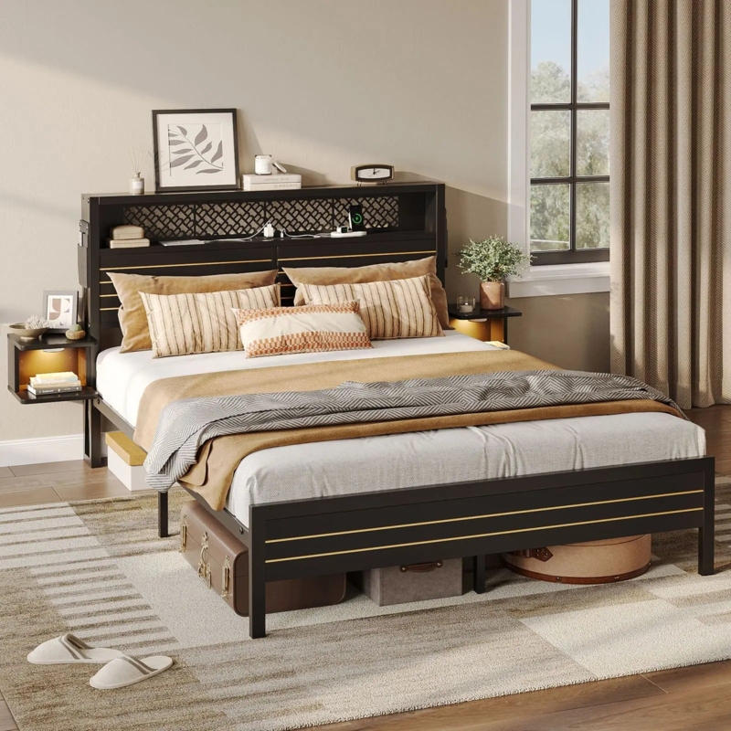 Black Bed Frame with Gold Stripe Accents and LED Floating Nightstands