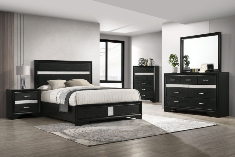 Black Bedroom Set with Silver Textured Bands and Modern Glam Style