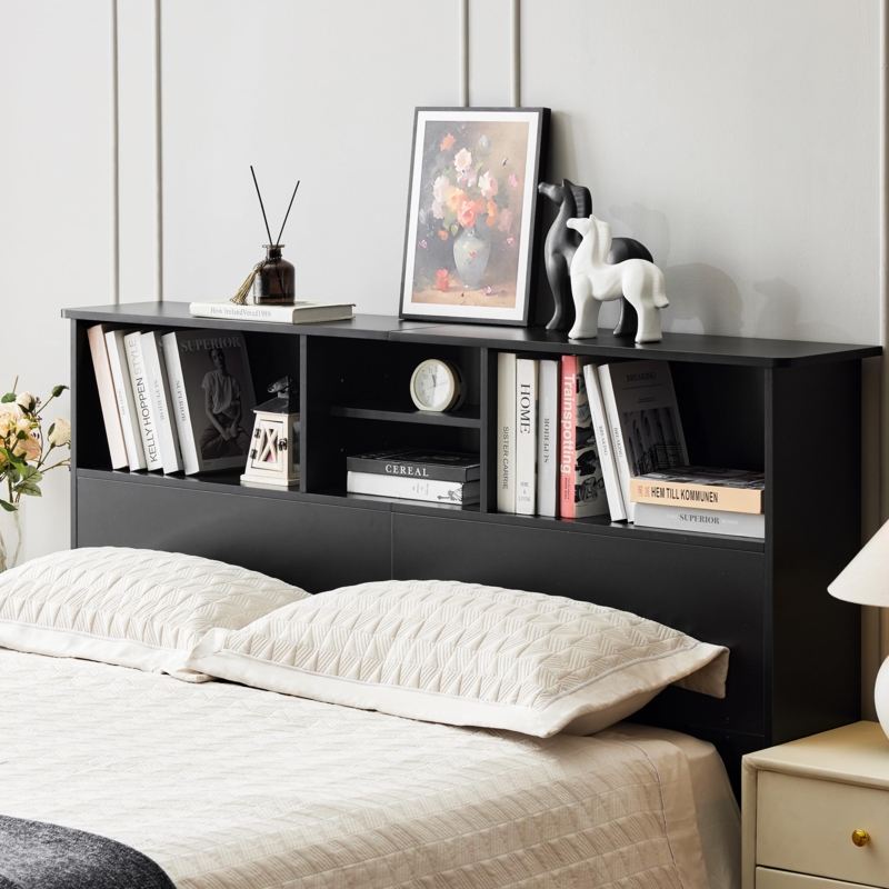 Black Bookcase Headboard Matte Finish with Multi-Tiered Storage