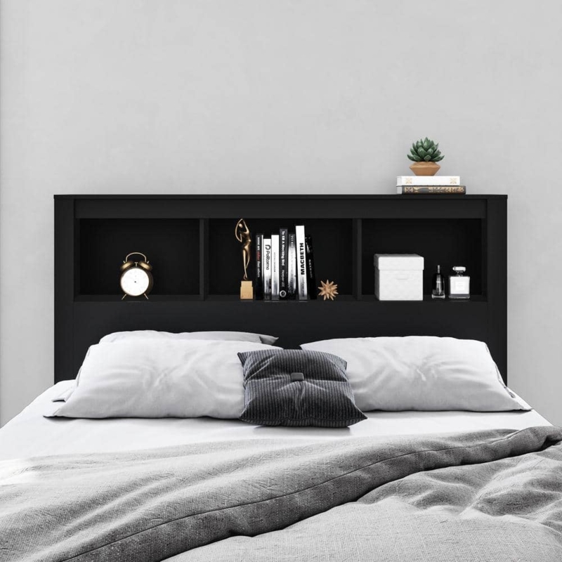 Black Bookcase Headboard with Three Open Storage Compartments
