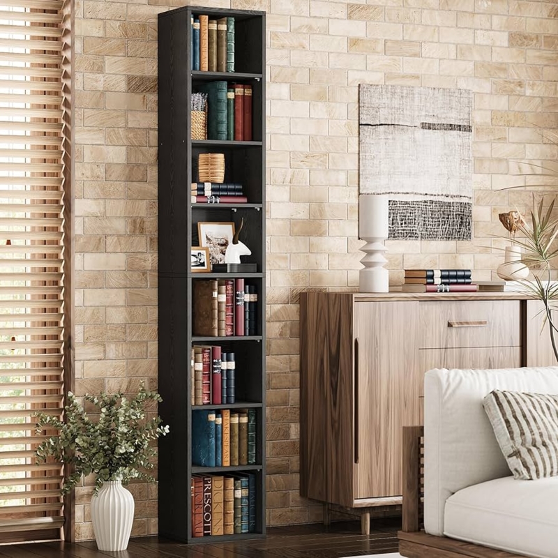 Black Bookshelf Narrow 8 Tier Cubby Style Vertical Storage