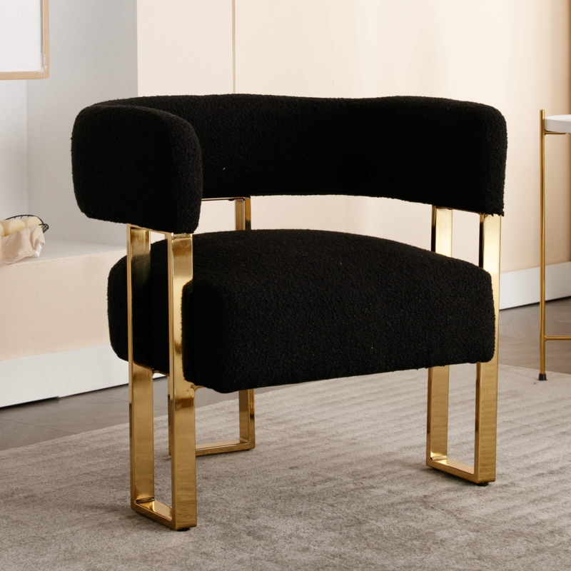 Black Boucle Barrel Chair with Geometric Gold Frame and Open Back