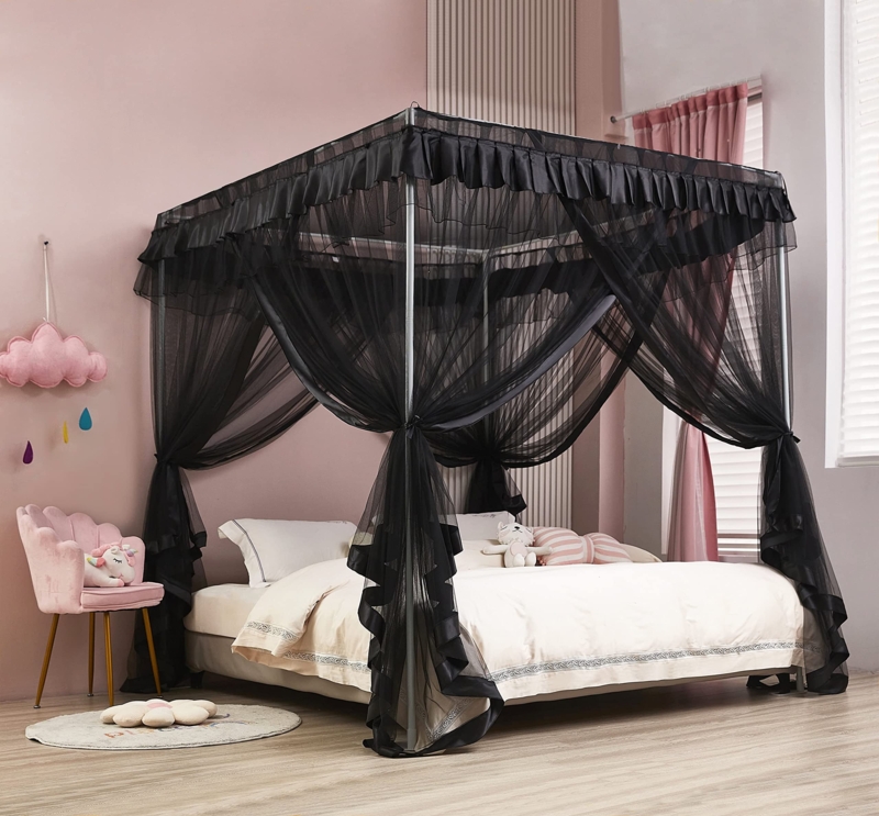 Black Canopy Bed Curtains Sheer Mesh Ruffled Valance Whimsical (72 characters)