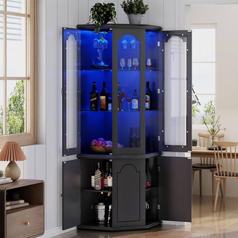 Black Corner Bar Cabinet with Arched Glass Doors & Blue LED Lighting