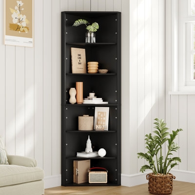 Black Corner Bookcase 6 Tier Open Shelves Minimalist Style