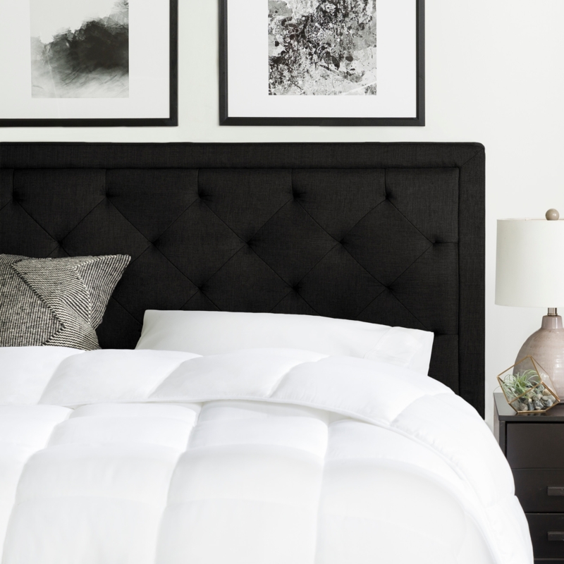 Black Diamond Tufted Headboard Buttonless Design Upholstered Fabric Queen