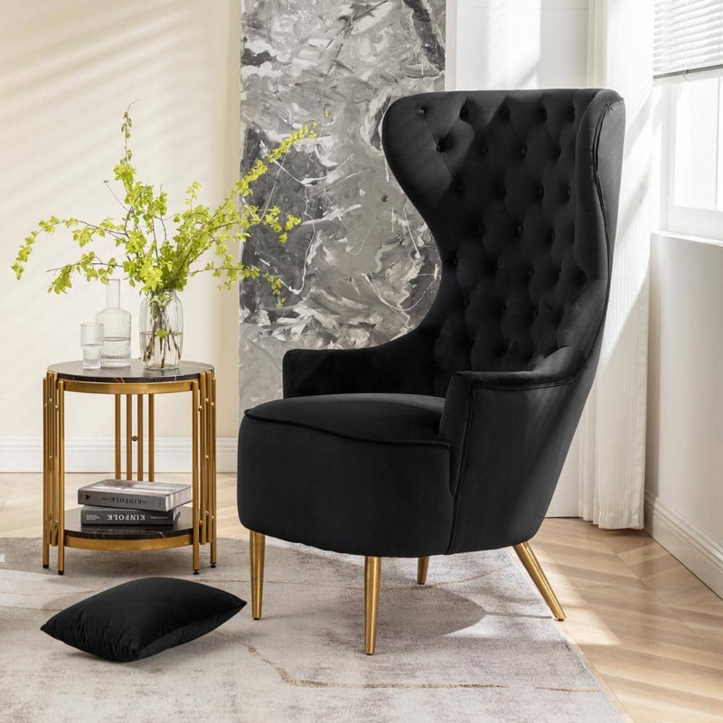 Black Diamond Tufted Velvet Accent Chair High Wingback Gold Legs