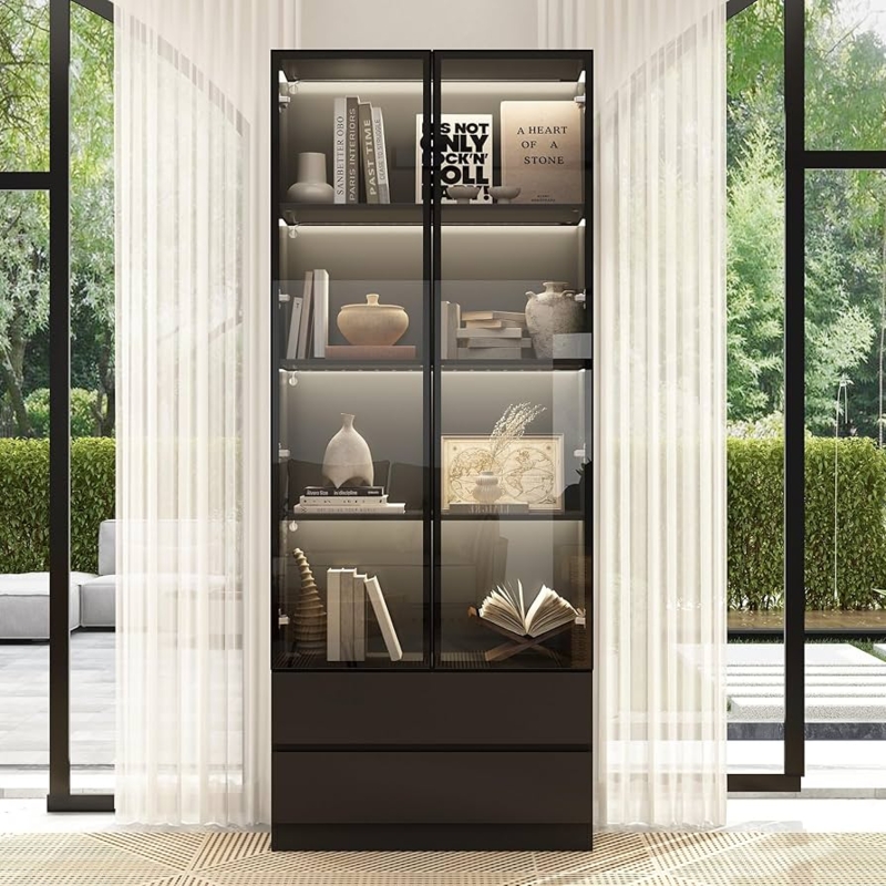 Black Display Cabinet with Glass Doors and Bottom Drawers
