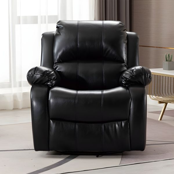 Black Faux Leather Swivel Rocker Recliner with Segmented Back