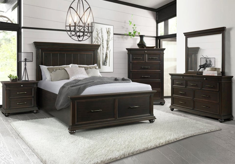 Black King Storage Bed Set Transitional Dark Wood with Bun Feet