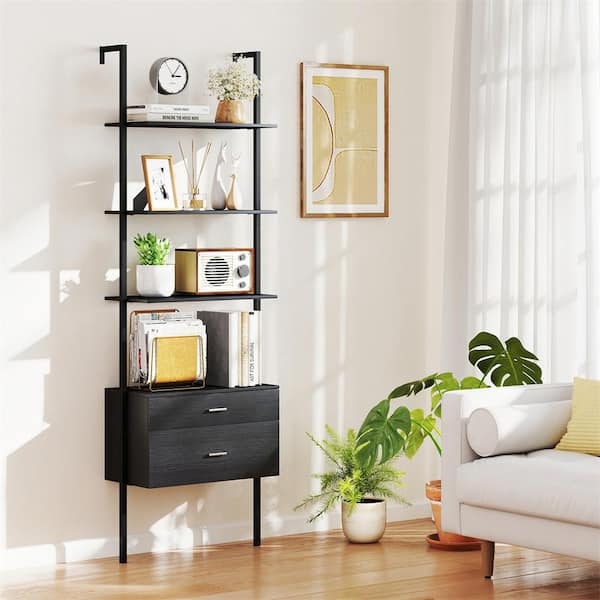 Black Ladder Bookcase with Drawers 6-Tier Wall Mounted Metal Frame
