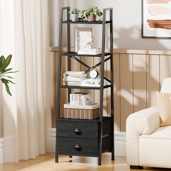 Black Ladder Bookshelf 4-Tier 2 Drawers X-Brace Cup Pulls Farmhouse