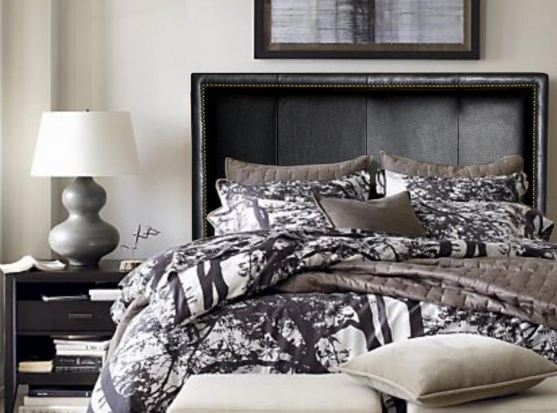 Black Leather Headboard Nailhead Trim Upholstered Transitional Style