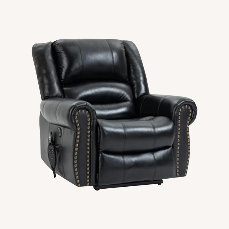 Black Leather-Like Power Lift Recliner with Nailheads