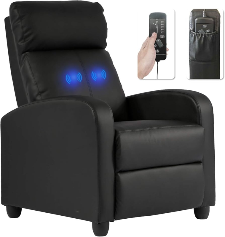 Black Leather-Like Push-Back Recliner with Wide Armrests