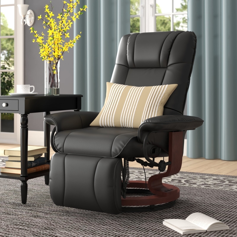 Black Leather-Like Recliner with Unique C-Shaped Curved Wood-Toned Base