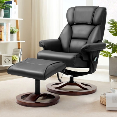 Black Leather-like Swivel Recliner with Circular Wood Base