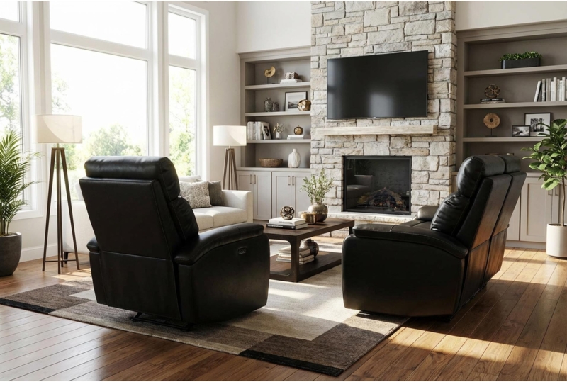 Black Leather Reclining Chair Set Styled in Modern Fireplace Living Room