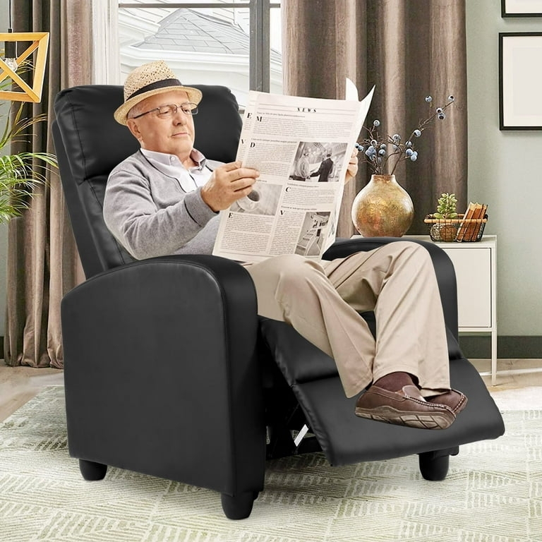 Black Manual Recliner Leather Like Padded Headrest Integrated Footrest