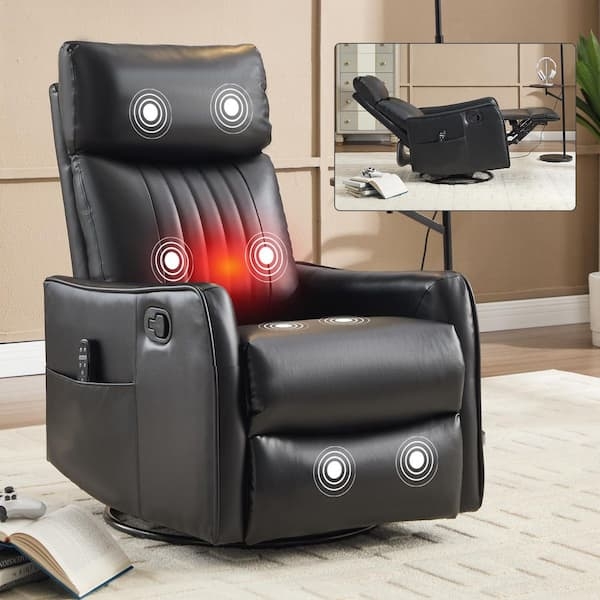 Black Massage Recliner with Swivel Rocking Base & Heat