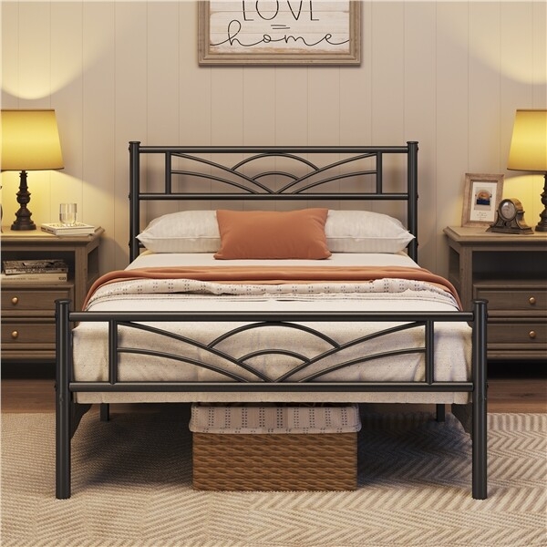 Black Metal Bed Frame Arched Geometric Motif Platform Design