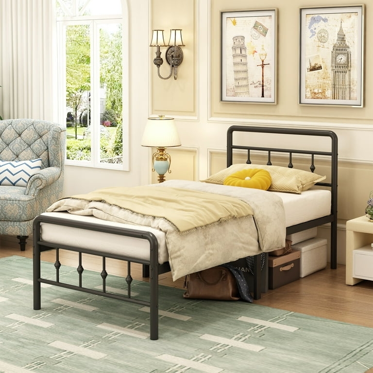 Black Metal Bed Frame Slatted Design Traditional Style High Clearance