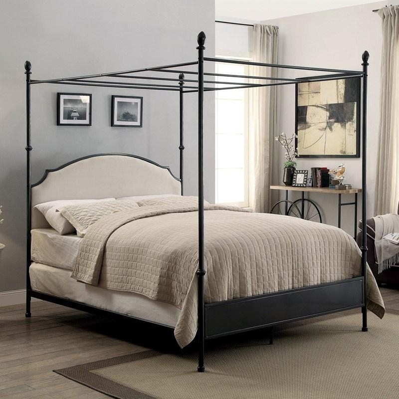 Black Metal Canopy Bed with Arched Upholstered Camelback Headboard