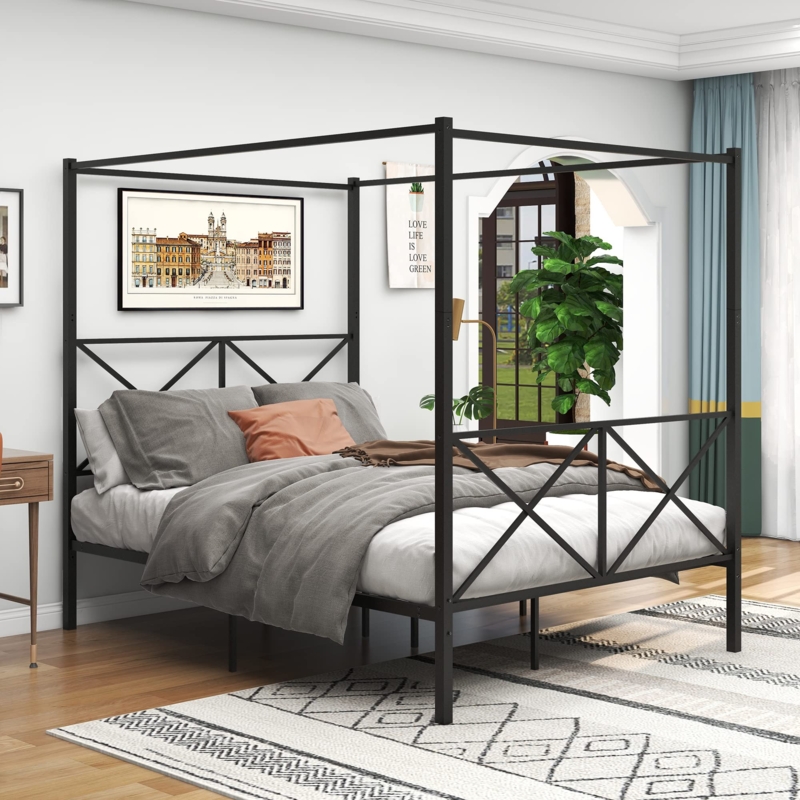 Black Metal Canopy Bed with Geometric X-Motif Footboard