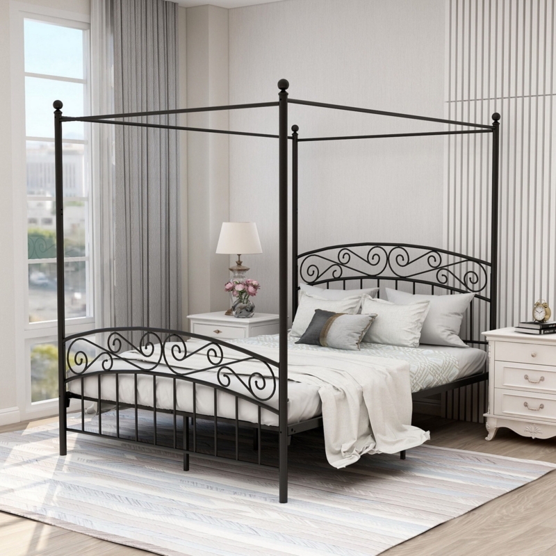 Black Metal Canopy Bed with Ornate Scrollwork Detailing