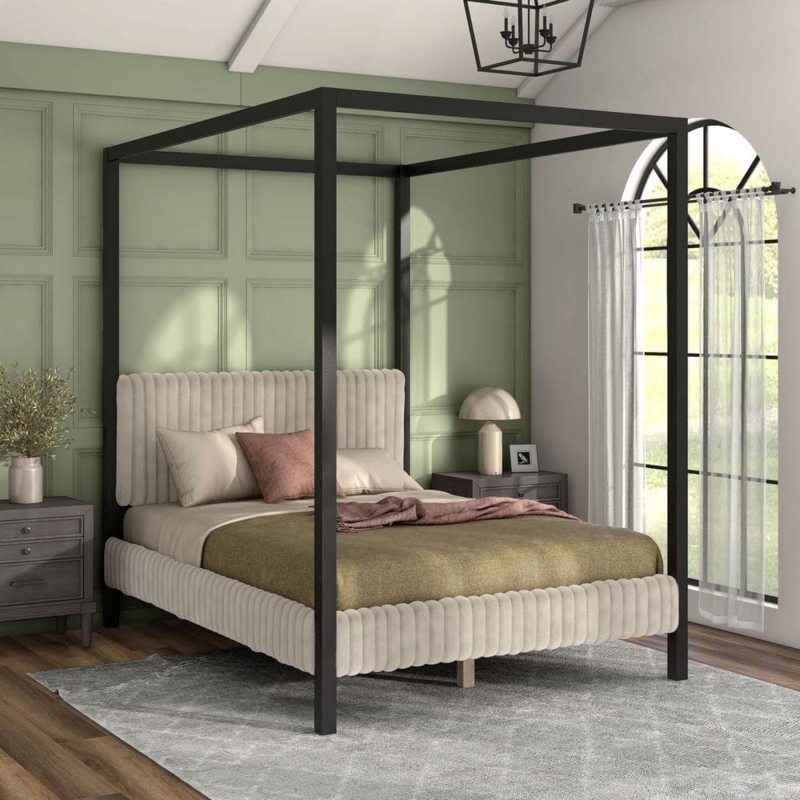 Black Metal Canopy Bed with Ribbed Upholstered Headboard