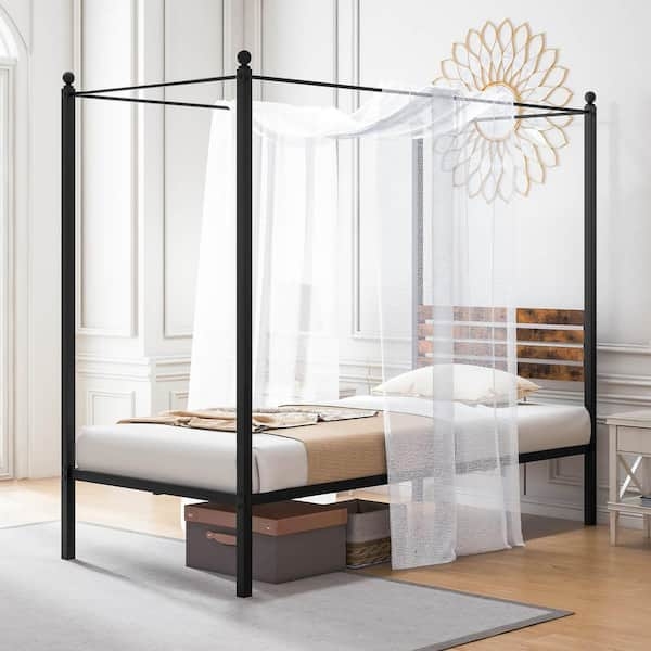 Black Metal Canopy Bed with Rustic Brown Slatted Headboard