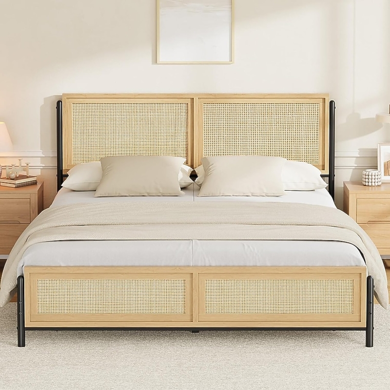 Black Metal Frame Bed with Split Rattan Headboard Panels