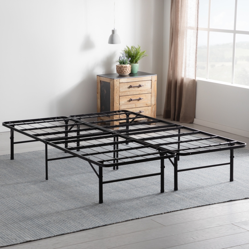 Black Metal Grid Platform Bed Frame, Foldable minimalist design.