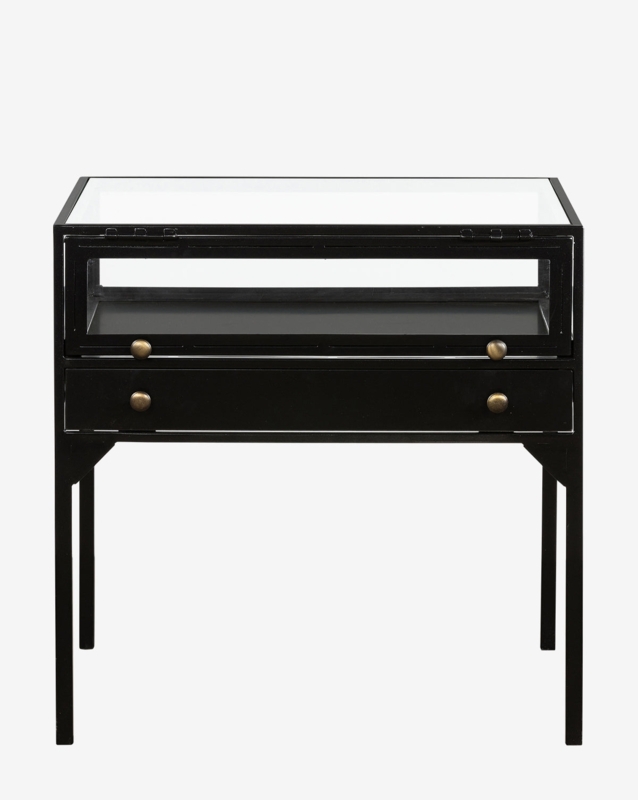 Black Metal Nightstand, Glass Display Tier, Brass Knobs, Drawer
